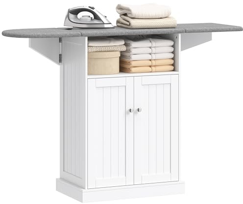 HOMCOM Mobile Asse da Stiro Pieghevole Salvaspazio, Mobile da Stiro Multiuso con Armadietto a 2 Ante, Ripiano Regolabile, Ruote a Freno, Ripiano Aperto, per Lavanderia Bagno, 131x37x88.5 cm, Bianco