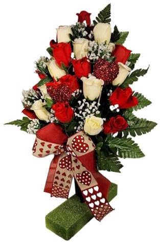 SHAOMABA Red & White Rosebuds Valentine's Memorial, Baby's Breath, 2 Hearts, and a Bow Grave Flowers for Anniversary Valentines Gifts