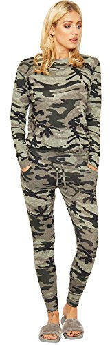 WearAll Women's Coord Stretch Army Camouflage Print Jogging Suit Set Ladies Tracksuit - Black - 12-14