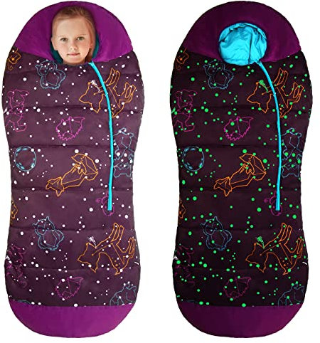 AceCamp Glow in the Dark Mummy Sleeping Bag for Kids and Youth, Temperature Rating 30°F/-1°C, Water-Resistant for Camping, Hiking, and Slumber Party (Purple, Kid's)