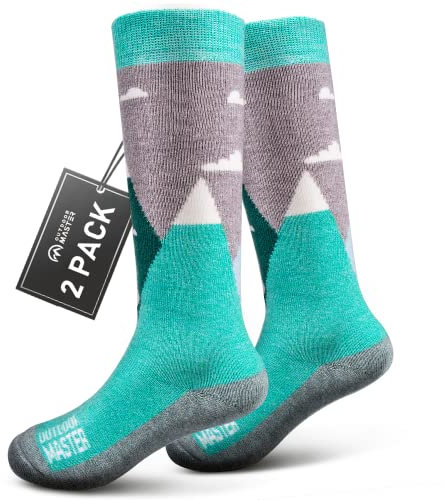 OutdoorMaster 2 Paar Merinowolle Unisex skisocken kinder, Winter Snowboarding Atmungsaktive Thermische Socken für Mädchen/Jungen für Outdoor-Sportarten mit Über die Wade Design/Anti-Rutsch-Bündchen