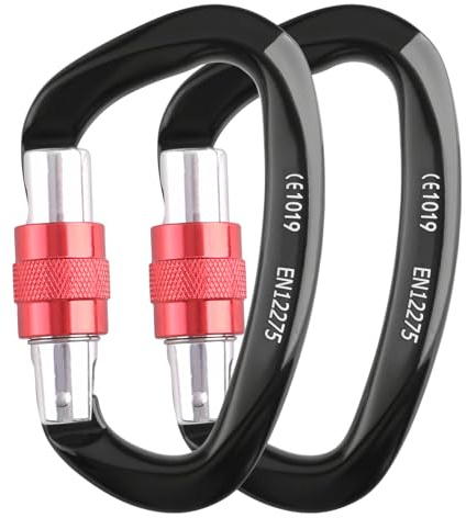 TRIWONDER Moschettoni Arrampicata 25kN Moschettone in Alluminio Moschettone con Ghiera per Alpinismo Discensore Arrampicata (25kN Nero - 2 pezzi)