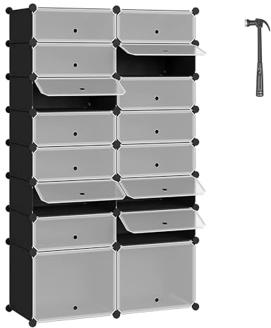 WOLTU Cajas de Zapatero, 16 Organizadores Almacenaje para 32 Pares, Zapateros de Plástico Apilables, Cajas DIY con Puertas Antipolvo, Modular Zapatero, Negro+Blanco