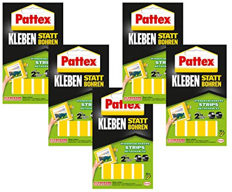 Pattex Kleben statt Bohren Strips, doppelseitiges Klebeband, wieder ablösbar, 10 Stück (5 Packungen, Klebe-strips)