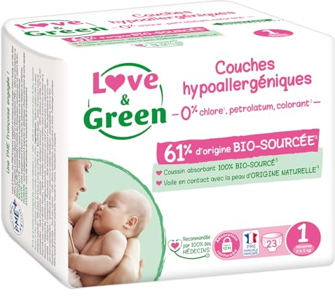 Love & Green - Couches Bébé Saines et Ecologiques - Taille 1 (2-5 kg) - 23 couches - Absorbante, anti-fuites et sans ingrédients indésirables