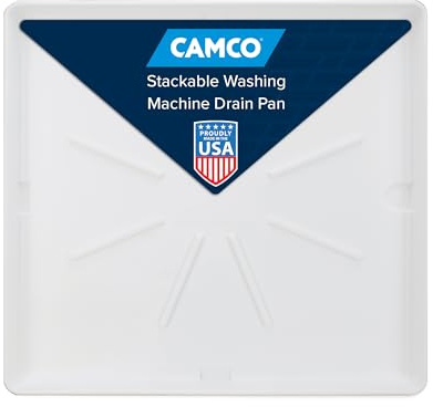 Camco Stackable Washing Machine Drain Pan - Measures 25″ (L) x 27″ (W) ID & 28″ (L) x 30″ (W) x 2 7/16″ (H) OD - Great for Apartment-Sized Washers/Stackable Units - 1/1.5 PVC Drain Fitting (21006)