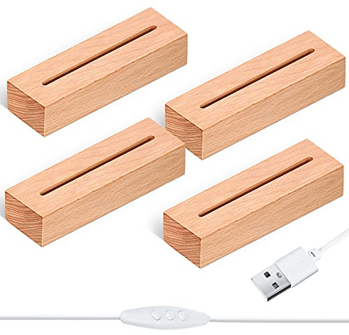Riakrum 5.9 Inch Wooden Rectangle Light Base, Wood LED Display Base Pedestal Dimmable Colorful Light Lamp Stand with USB Cable for Acrylic, Crystal, Night Light, Glass Resin Art (4 Pieces)