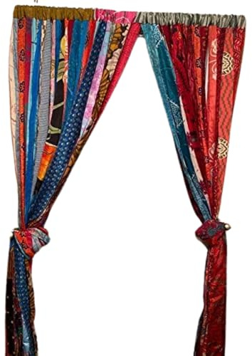 RAJBHOOMI HANDICRAFTS indisk gammal sari gardin flerfärgad band dörröppning dekor silke sari hippie boho återvinningsgardiner, 200 x 110 cm