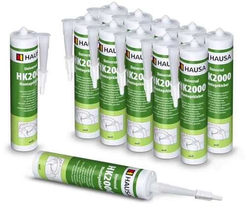 HAUSA Colle de montage universelle HK2000 Colle acrylique à dispersion adhésive Idéale pour les supports poreux à l'intérieur et à l'extérieur Résistance finale 200kg/10cm² 12x 310ml Blanc
