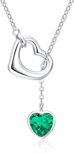 Qings Damen Smaragd Geburtsstein Mai Kette Sterling Silber 925 Herz Anhänger Halskette mit Glänzendem Heart Zirkonia Geburtstag Weihnachten Muttertag Schmuck Geschenk für Freundin Mutter Mädchen
