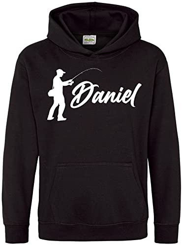 Purple Print House Personalised Boys Fishing Hoodie, Kids Fisherman Gifts Boys Hoody, Christmas and Birthday Gifts for Son who loves Fishing, 9-11 Years, Black