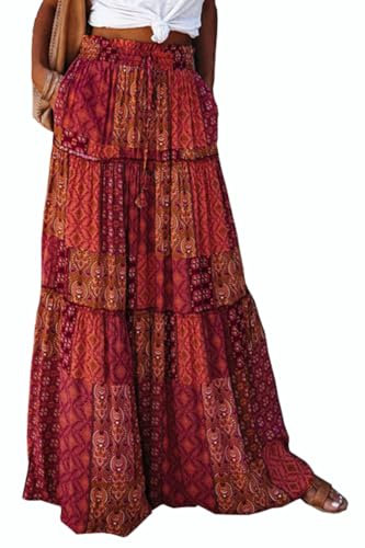 BETYFUL Maxi Rock Damen Langer Sommer Blumen Boho Hohe Elastische Taille Maxirock Stufenrock mit Taschen,A-Linie Strandrock