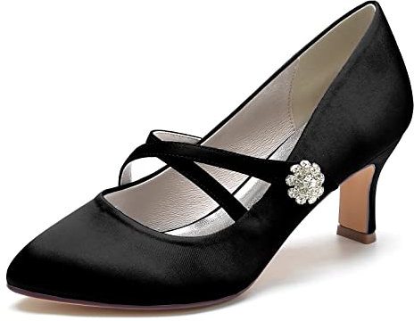 Women Kitten Heels Wedding Shoes Round Toe Mary Jane Bridal Shoes Satin Formal Party Dress Shoes,Black,3 UK