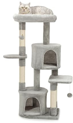 lionto Kratzbaum für Katzen mit 2 Plüschbällen inkl. Glöckchen, Höhe 115 cm, Katzenbaum mit Sisalseil & weichem Plüsch, gemütliche Liegefläche & Höhlen, für kleine & große Katzen geeignet, hellgrau