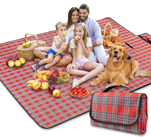 SOMIYAMI Tartan Picnic Blanket Waterproof, Garden Outdoor Camping Blanket, Beach Picnic Mat With Carrying Handle, Washable Multipurpose 150 x 200cm (Red)