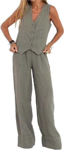 HUANGJB Ensemble 2 pièces pour femme avec col en V, gilet sans manches, pantalon à jambes larges, blazer d'été assorti en lin, gris, XL