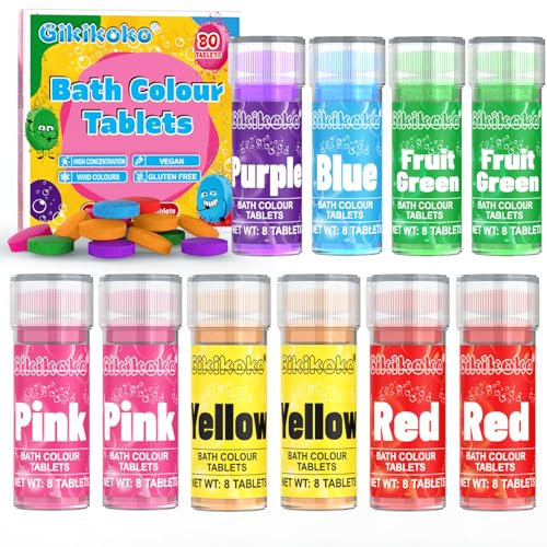 Bombe da Bagno - Gikikoko 80 Conteggi di Compresse Colorante da Bagno Senza Profumo, Qualità Alimentare Bombe da Bagno Bambini, Giochi da Bagno Perfette per Bambini - 6 Colori