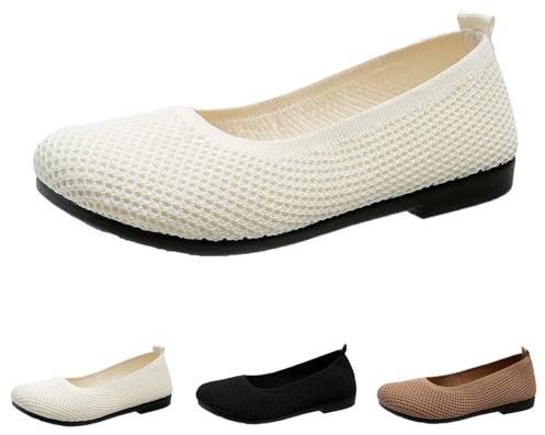 Women's Ballet Flats Slip On Knit Dress Shoes Pumps Shoes Round Toe Flat Shoes Women's Wide Toe Box Shoes Non-Slip Knitted Trainers Comfortable Breathable Ballerina Knitting Low Shoes, White, 40 EU