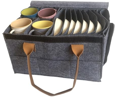 BlyeMichdi Porta Piatti Salvaspazio per 12 Piatti, Organizer per Cucina per Camper 36 × 27.5 × 20 cm, Portabicchieri in Feltro da Campeggio, Borsa in Feltro per Stoviglie da Campeggio, Picnic, Camper