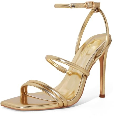 Zhabtuc Stiletto Sandali con tacco di 11 cm e cinturino alla caviglia – Eleganti tacchi alti con punta quadrata per feste e uso quotidiano, Oro, 40.5 EU