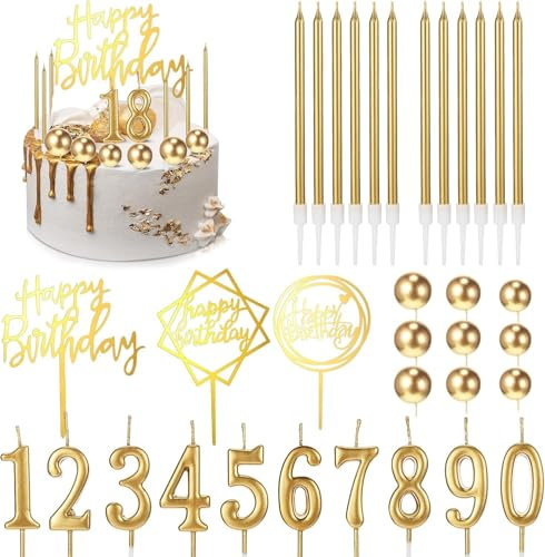 34 Pcs Happy Birthday Cake Toppers Decorations Birthday Candles DIY Cake Decor for Men Women Wedding Anniversary(Gold)