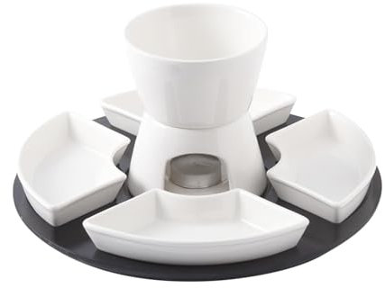 Service à fondue au chocolat en céramique blanche avec 4 fourchettes et 4 assiettes en forme de demi-lune