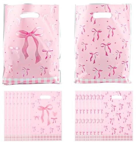 Zi Lan 30 pièces Sacs cadeaux roses avec nœud et poignées, sacs cadeaux mignons en plastique pour filles, femmes, fêtes d'anniversaire, mariages, fournitures pour fêtes