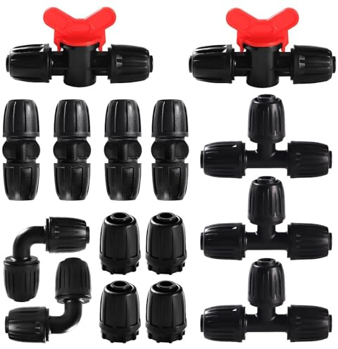 Yohuork 15 Pzs Juego de Accesorios de Irrigación para Tubo 16 mm, Conectores de Púas de Manguera para Sistemas de Riego, Válvula Desviadora de Riego por Goteo, Tees, Rectos, Codos, Tapón, Negro