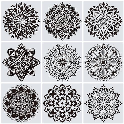 ZSUIQIN 9 Piezas Plantillas de mandala, Plantilla de pintura de plástico blanco, para Muebles, Plantilla de Dibujo DIY Paredes Piedras Madera Tela Azulejos Manualidades Pintar Decoración (30 * 30 cm)