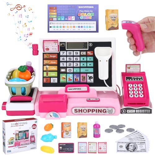 heuchaey Jouet Caisse Enregistreuse pour Enfants, Marchande Enfant avec Vraie Calculatrice, Scanner, Carte crédit, Panier, Jeu de Rôle pour Fille de 3+ Ans, Rose
