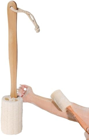 Loofah Back Scrubber med handtag, Loofah Back Scrubber för dusch,Badborste - Shower Brush Natural med långt trähandtag för äldre