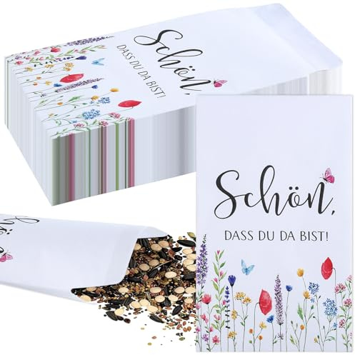 100 stycken Schön dass du da bist fröpåsar, högkvalitativa blomfrön påsar med ordspråk, små papperspåsar för gästgåvor, tack presenter förpackning för bröllop dop nattvardsgång födelsedag