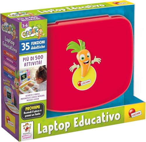 Lisciani Giochi Carotina Laptop Educativo – Computer Educativo Interattivo per Bambini, 35 Attività Didattiche, Alfabeto, Numeri e Logica, Gioco Educativo in Italiano, 3-6 Anni