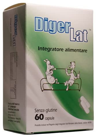 DIGERLAT Capsule di Lattasi e Microrganismi Probiotici, Integratore Contro Intolleranza al Lattosio, Aiutano a Digerire il Latte e Latticini, Senza Glutine, Prodotto in Italia, 1 Confezione 60 Cps.