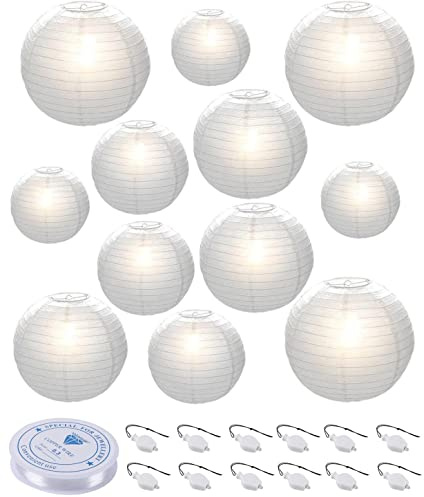 HAUSPROFI 12pcs White Paper Lanterns with LED Lights, Chinese Hanging Lanterns (6 8 10 12) with Fishing Line, Paper Lanterns Decorations for Wedding Birthday Party Bridal Shower Home Outdoor Decor