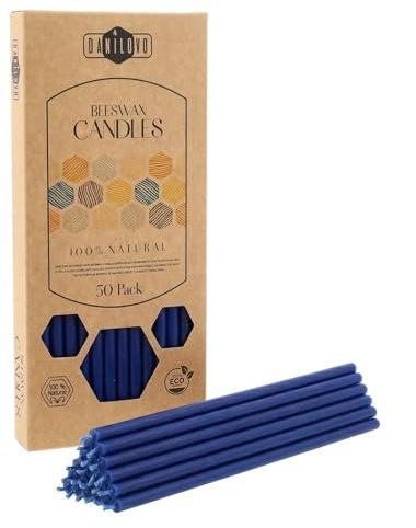 Danilovo Candele in cera d’api 50 pezzi (Blu) - Candele ortodosse preghiera, rituali, decorazione tavola - Senza fuliggine, senza gocce, stoppino cotone (Altezza 18,5 cm)