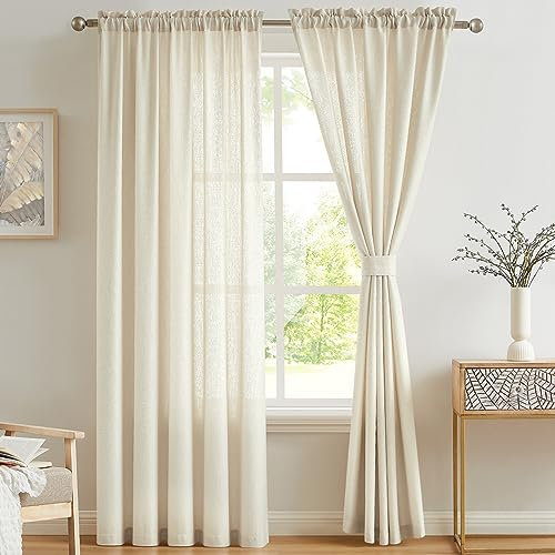 Melodieux Vorhänge Beige Transparent Leinen Optik Voile Gardinen für Wohnzimmer Schlafzimmer, 2er Set 260x140cm