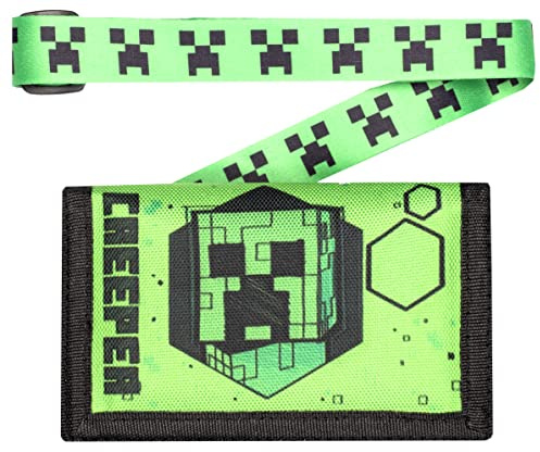 Minecraft Wallet - Wallet for Boys andGirls - Green Creeper Video Game Money Wallet - Attached Lanyard - Official Merchandise