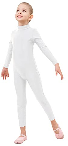 Genfirdom Girls Unitards Long Sleeve Full Body Leotard Kids Turtleneck Bodysuit for Dance Costume Gymnastics 3-12 Years(White,9-10)