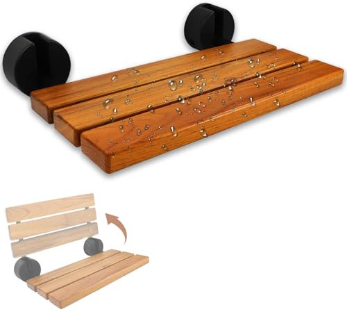 20 Inch Wall Mounted Shower Bench, Folding Teak Shower Seat, Solid Teak Wood Bath Seat, Non-Slip Spa Bench for Elderly & Handicap, Space-Saving Bathroom Accessories