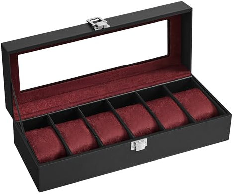 SONGMICS Uhrenbox mit 6 Fächern, Uhrenbox, Schatulle, Glasdeckel, abnehmbare Polster, Schloss aus Metall, Beschichtung in Schwarz und Futter in Bordeauxrot, JWB006R01
