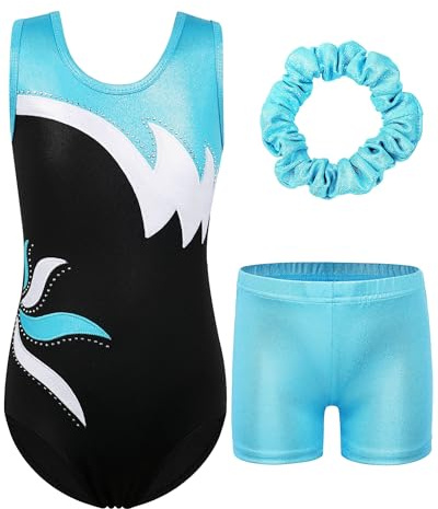 ZNYUNE Mädchen Turnanzug mit hose Haarband Set gymnastikanzug Kinder Shorts trikot turnen Ärmellos/Langarm Kleidung klassisch Turnbody B208 BlackAqua 10A
