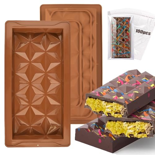 Sadodo Deep Large Silicone Chocolate Bar Mould,Pack 2PCS Dubai Chocolate Making Molds,Diamond Shape,with 100PCS Plastic Bags,Soap Wax Mould,BPA Free,Gift DIY Halloween Birthday