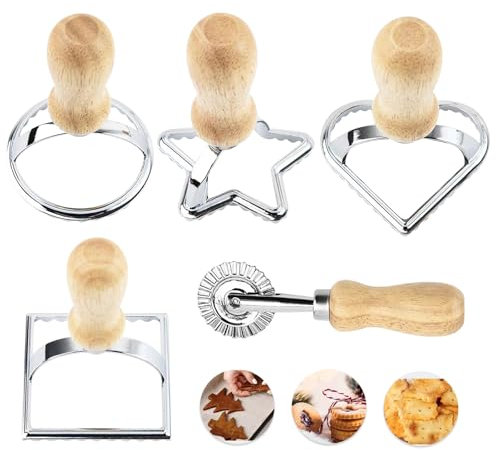 Lot de 5 Emporte Piece Ravioli, Coupeurs de Ravioli en Bois Poignée, Roulette à Pâte, Ravioli Maker, Forme Raviolis, Carré, étoile, Cœur, Moulle à Ravioli, pour Pâtes Farcies, Ravioli, Pâtisserie