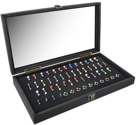 MOOCA Temper Glass Top Jewelry Display Case with Tempered Glass Lid and 54 Clip Body Jewelry Showcase Display Pad for Belly Button Rings, Tongue Rings, and Industrial Barbell Organizer, Black Color