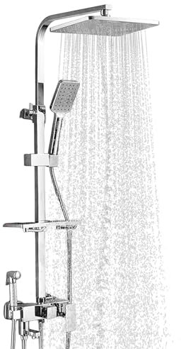 Sistema doccia termostatico con rubinetto doccia, set completo, doccia a pioggia con rubinetto e soffione doccia da 34 x 29,5 cm, doccetta con tipi di getto, 90-120 cm regolabile in altezza (argento/4