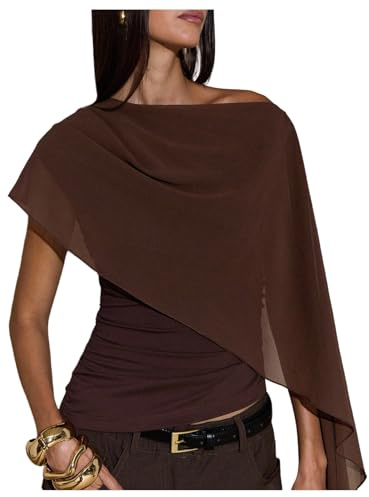 BEAUDRM Women's Ruched Cape One Shoulder T Shirts Short Sleeve Asymmetrical Neck Fitted Crop Top Brown Small
