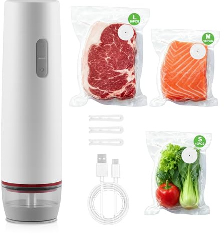 Feelhap Macchina per Sottovuoto Alimenti, Macchina Sottovuoto Alimenti Portatile con 30 Sacchetti Riutilizzabil, Piccola macchina sottovuoto per La Cottura sottovuoto e La Conservazione di alimenti