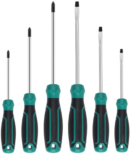 Zohino Lot de 6 tournevis cruciformes magnétiques plats avec poignée ergonomique douce et confortable antidérapante - Ensemble de tournevis à poignée rembourrée - Poignée noire et verte