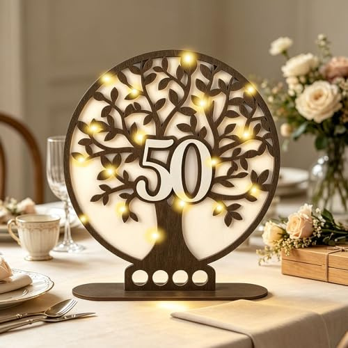 ARTREE Regalo di nozze d'oro in legno, albero della vita, anniversario 50° compleanno, regalo in denaro con LED, decorazione da tavolo e regalo in denaro in uno